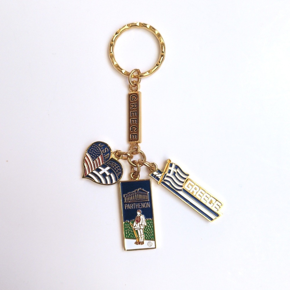 Greece Travel Keychain Gold Parthenon Flag Enamel Charms Souvenir Metal
